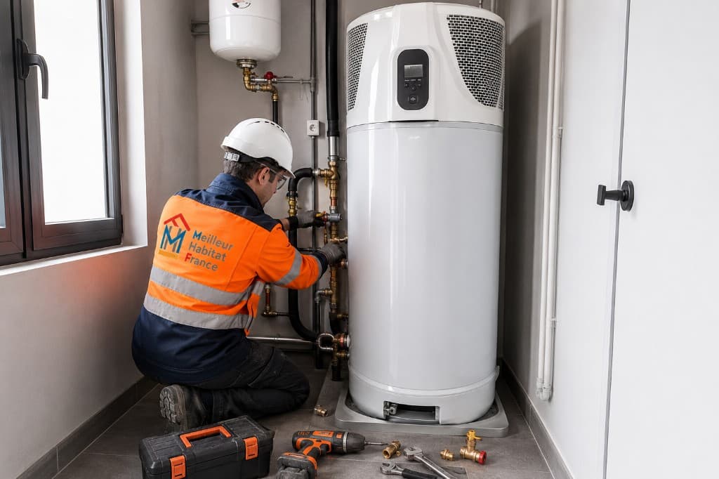 Technicien MHF en casque et tenue de travail réglant les raccordements en cuivre d'un ballon d'eau chaude thermodynamique cylindrique blanc dans un local technique.