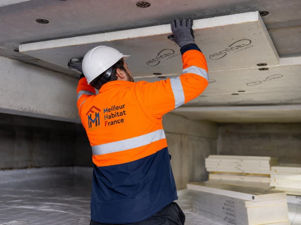 Artisan MHF en équipement de protection posant des panneaux isolants rigides Recticel sous un plancher bas (plafond de vide sanitaire ou sous-sol), fixations mécaniques visibles.