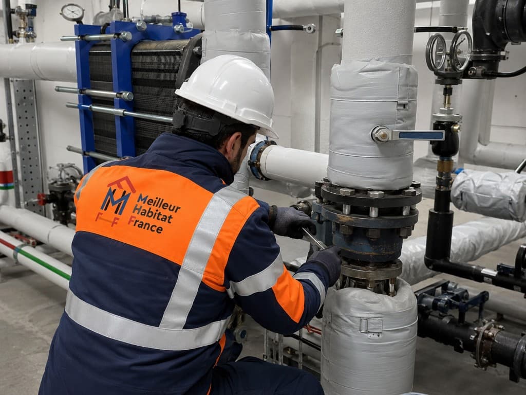 Technicien en casque et veste haute visibilité Meilleur Habitat de France serrant des brides sur une canalisation en local technique ; échangeur à plaques et tuyauteries calorifugées en arrière-plan.