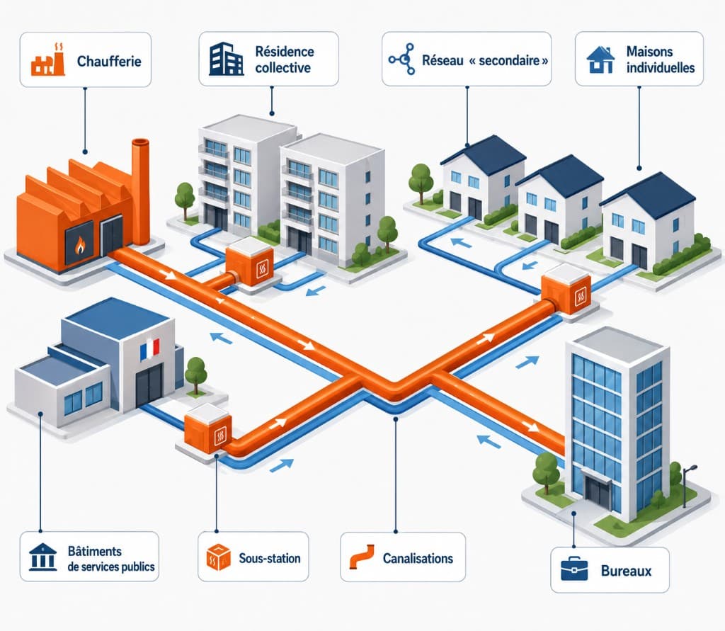 Schéma isométrique d'un réseau de chaleur : chaufferie centrale, canalisations souterraines primaires en orange (aller) et bleu (retour), sous-stations de transfert reliées à des immeubles collectifs, bureaux, maisons individuelles et bâtiment de service public ; légendes canalisations et réseau secondaire.