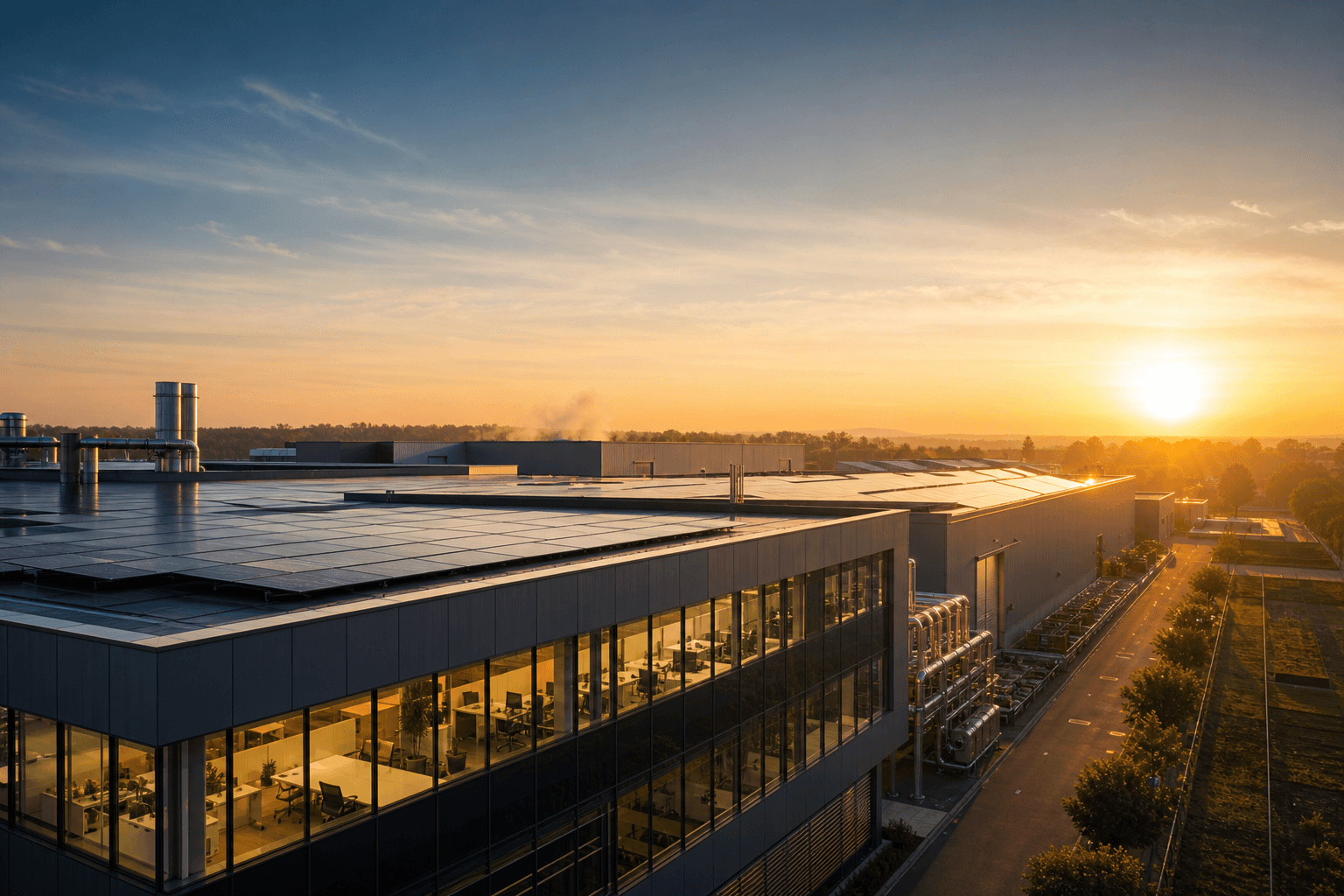 Sites industriels et tertiaires au crépuscule, panneaux solaires sur toitures — accompagnement CEE et efficacité énergétique avec MHF