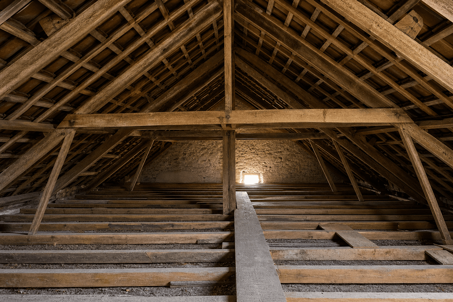 Combles perdus avant isolation : charpente en bois, solives et volume sous toiture prêt à recevoir une isolation thermique par soufflage.